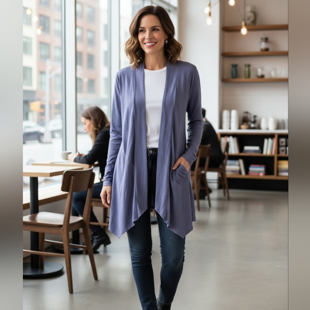 Cyrus Women's Heathered Blue Cardigan Pockets Medium‎